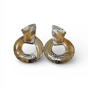 Edgar Berebi Large Vintage Enamel Pierced Earrings 1980's Silver Tan